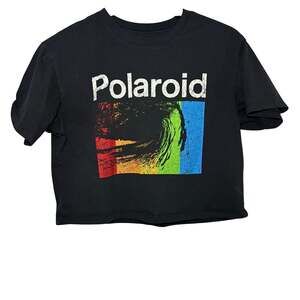 Polaroid Black Cropped Graphic Tee Rainbow Logo Retro 90s Y2K Streetwear T Shirt